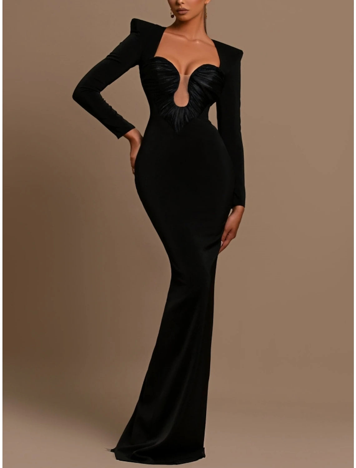 Women's Layered Outfit Sheath / Column Evening Gown Elegant Dress Formal Sweep / Brush Black Dress Train Long Sleeve Sweetheart Stretch Fabric with Ruched