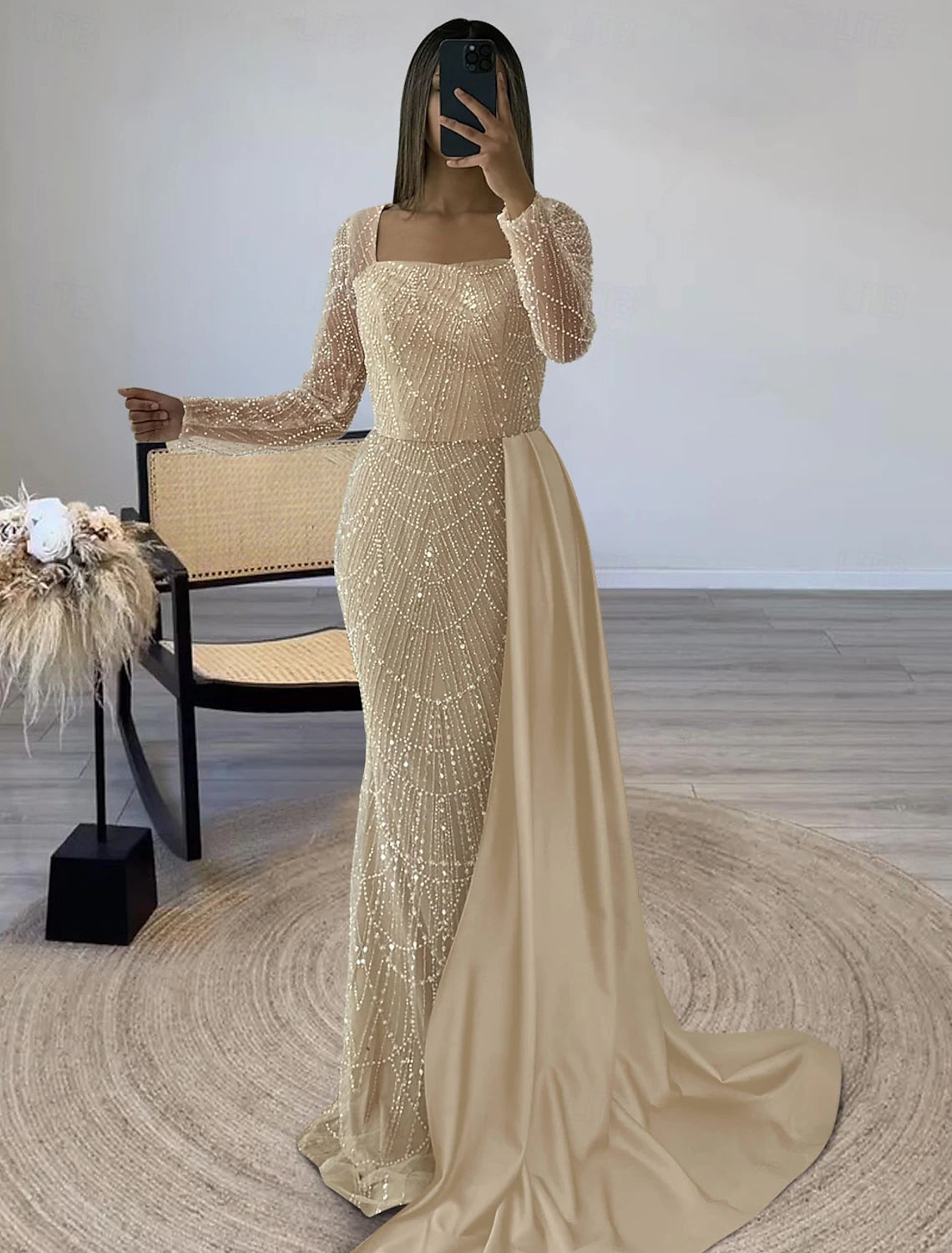 Women's Casual Apparel Mermaid / Trumpet Evening Gown Formal Floor Length Long Sleeve Square Neck Sequined with Glitter Slit