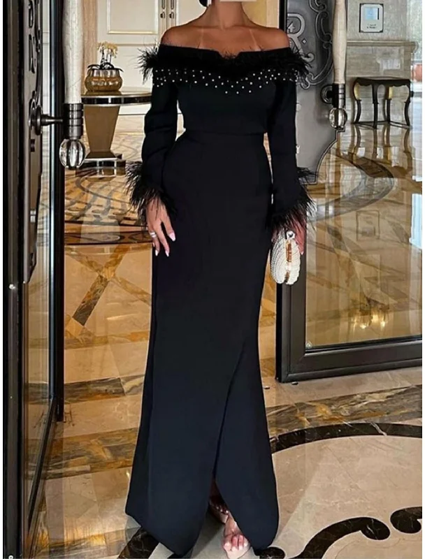 Women's Comfy Loungewear Outfit Mermaid / Trumpet Evening Gown Elegant Dress Formal Black Dress Floor Length Long Sleeve Off Shoulder Stretch Fabric with Feather Sequin Slit