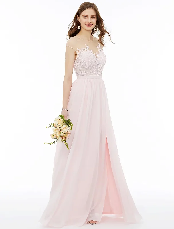 Chic Women's Outfit A-Line Bridesmaid Dress Illusion Neck Sleeveless Illusion Detail Floor Length Chiffon / Floral Lace with Sash / Ribbon / Appliques