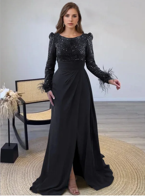 Women's Seasonal Apparel A-Line Evening Gown Floor Length Long Sleeve Illusion Neck Black Mother Of the Bride Dress Sequined with Feather Pearls Overskirt