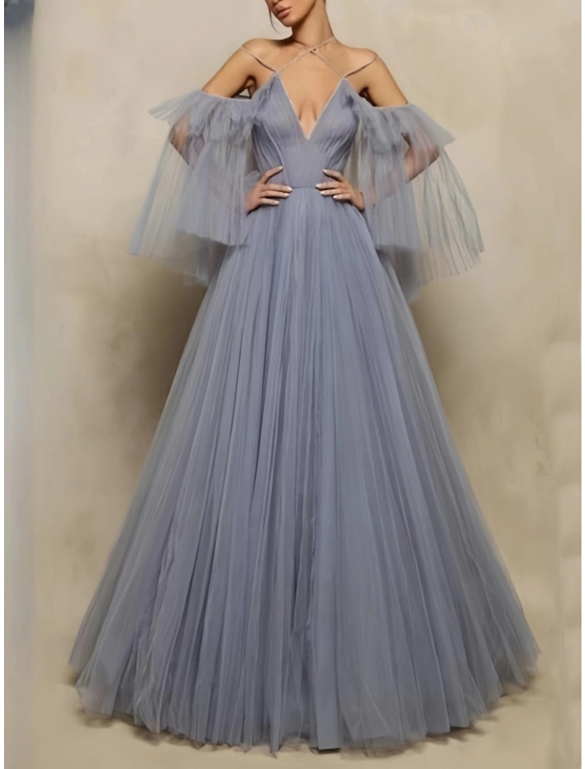 Affordable Fashion for Women Ball Gown Evening Gown Elegant Dress Formal Fall Floor Length Half Sleeve Halter Neck Tulle with Pleats Ruffles