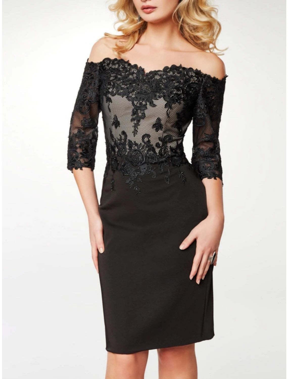 Chic Women's Clothing Online Sheath Black Dress Evening Gown Elegant Dress Formal Knee Length Half Sleeve Off Shoulder Lace with Appliques