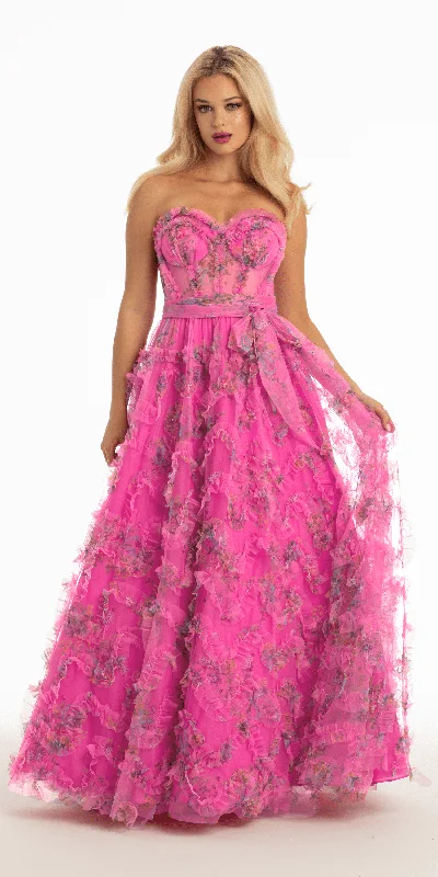 Women's Tailored Outfit Floral Tulle Corset Ballgown with Waist Tie