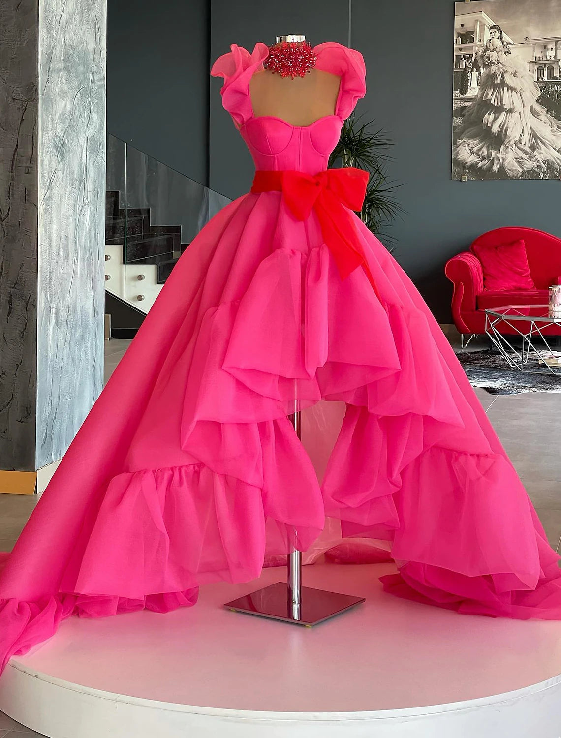 Women's Plus-Size Attire Ball Gown Evening Gown High Low Dress Quinceanera Asymmetrical Sleeveless Square Neck Organza with Bow(s) Ruffles