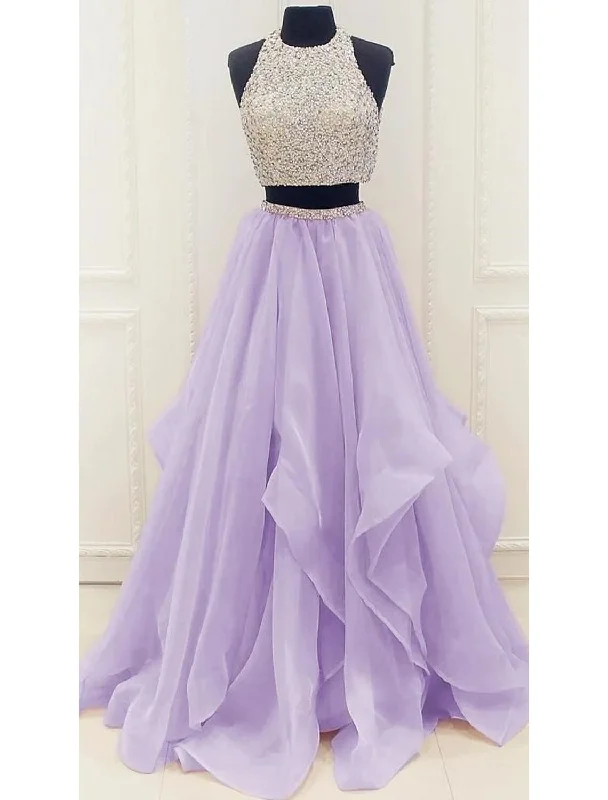 Formal Outfit For Women Two Piece Ball Gown Prom Dresses Sparkle & Shine Dress Party Wear Prom Floor Length Sleeveless Halter Neck Organza with Sequin