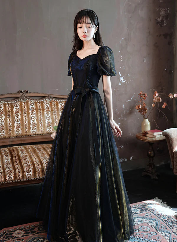 Women's Clothes And Garments Glitter Black A-line Ballgown Short Sleeves Tulle Long Formal Dress Evening Dress Prom Dress