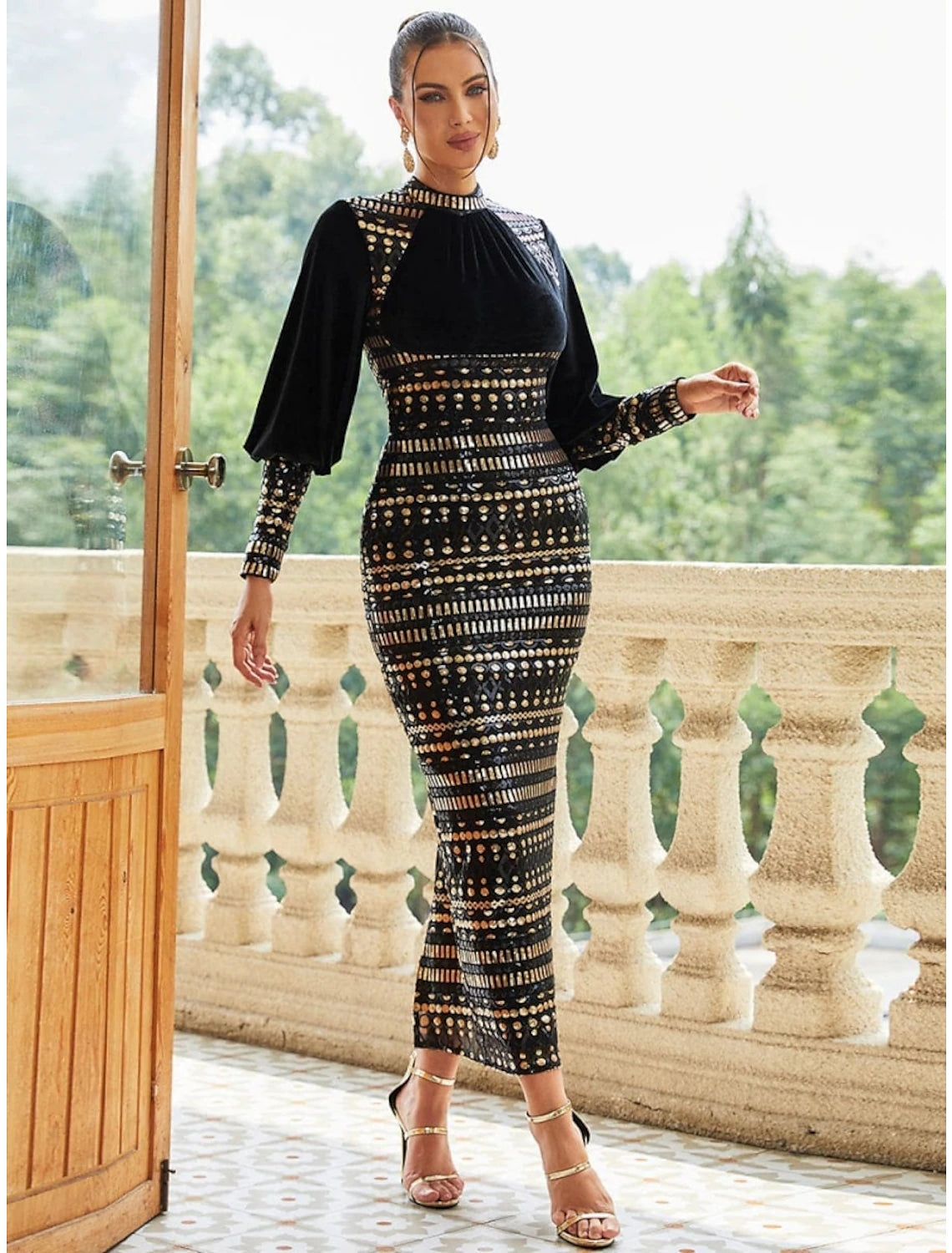 Women's Activewear Outfit Sheath / Column Evening Gown Black Elegant Dress Formal Fall Ankle Length Long Sleeve High Neck Stretch Fabric with Sequin