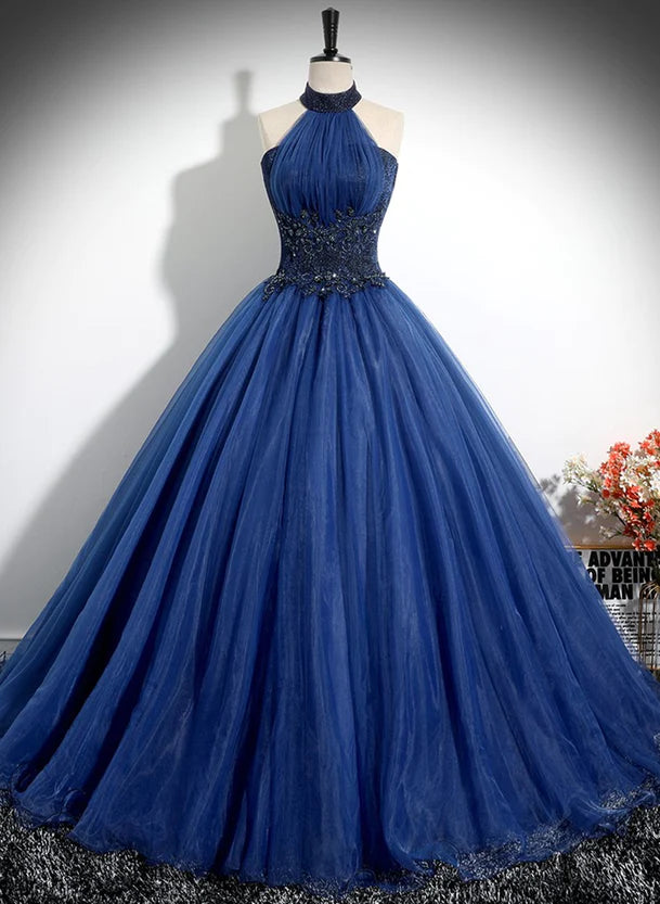 Women's Holiday Clothing Blue High Neckline Ball Gown Formal Dress Blue Tulle Sweet 16 Dress Party Dress