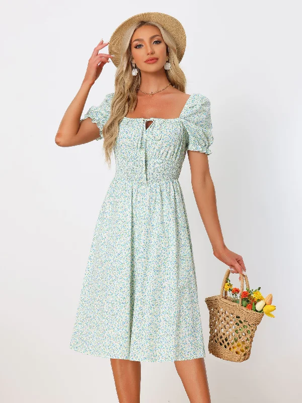 Trendy Casual Outfits Summer Floral Puff Sleeve Square Neck Midi Smocked Dress