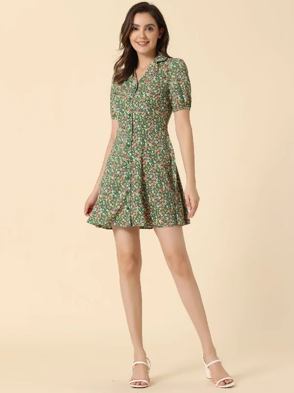 Women's Clothing for Every Occasion Button Up Short Sleeve A-Line Chiffon Vintage Floral Shirt Dress