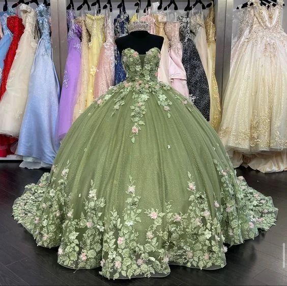 High-Fashion Women's Clothing A-line Green Tulle Ball Gown Puffy Sweet 16 Dress 3D Flowers Birthday Dress    S2333