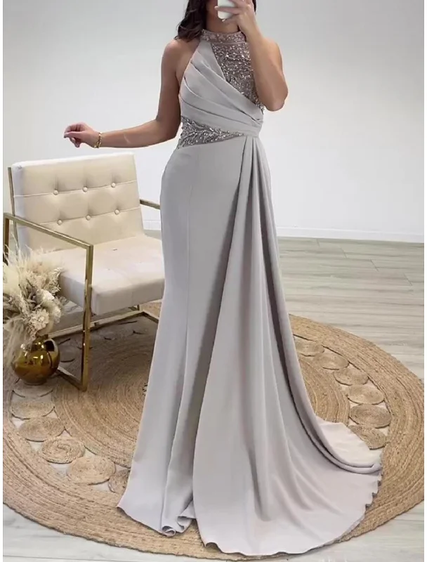 Women's Formal Event Outfit Sheath / Column Evening Gown Elegant Dress Formal Sweep / Brush Train Sleeveless Halter Neck Stretch Fabric with Pleats Ruched Crystals