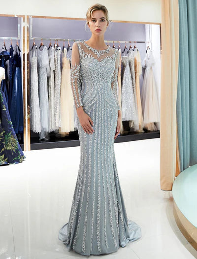 Women's Stylish Outerwear Charming Evening Dresses Long Sleeve Light Grey Mermaid Beading Illusion Luxury Formal Gowns