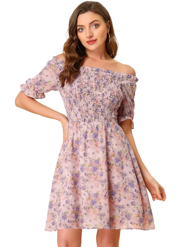 Women's Clothes For Outdoor Events Summer Square Neck Off Shoulder A-Line Smocked Chiffon Floral Dress