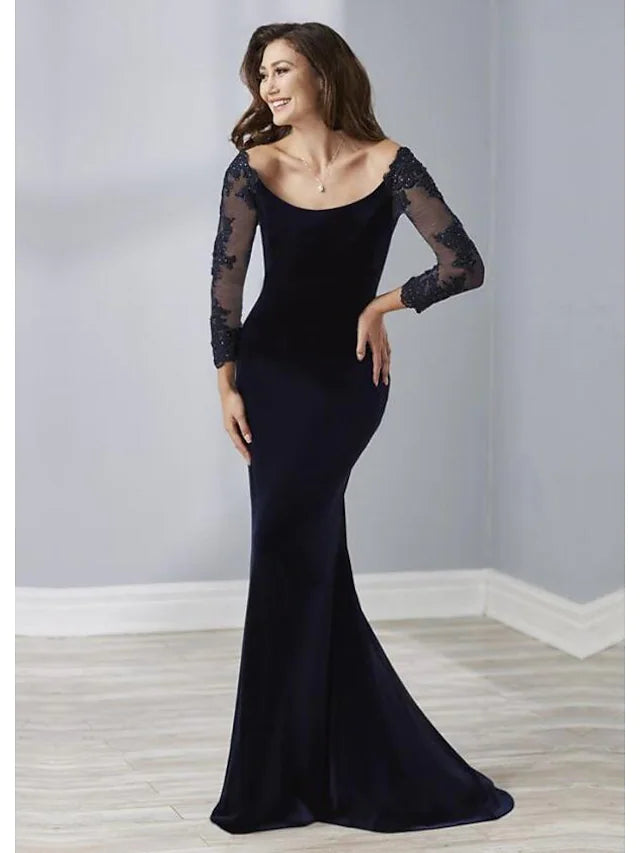 Designer Women's Fashion Online Evening Gown Elegant Dress Engagement Length Sleeve Scoop Neck Velvet with Beading