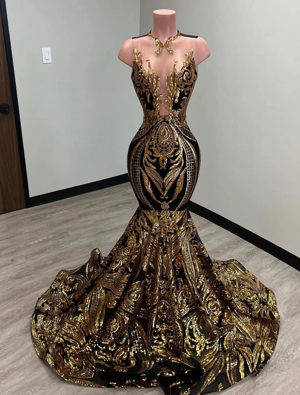 Casual Garments For Women Mermaid Black Dress Evening Gown Elegant Dress Carnival Formal Court Train Sleeveless Illusion Neck African American Sequined with Sequin