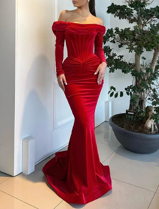 Women's Vacation Garments Mermaid / Trumpet Evening Gown Corsets Dress Formal Christmas Sweep / Brush Train Long Sleeve Off Shoulder Velvet with Ruched