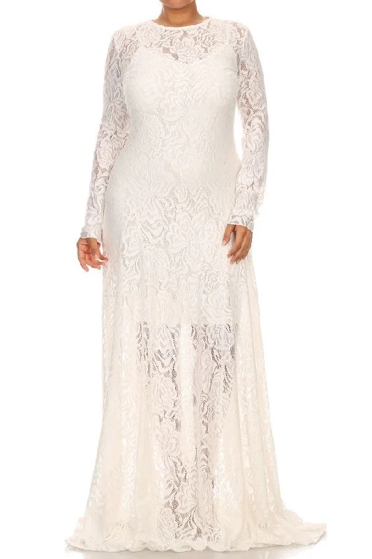 Women's Comfortable Garments Lace Gown Maxi Dress Long Sleeve Cocktail Party Formal White Sexy