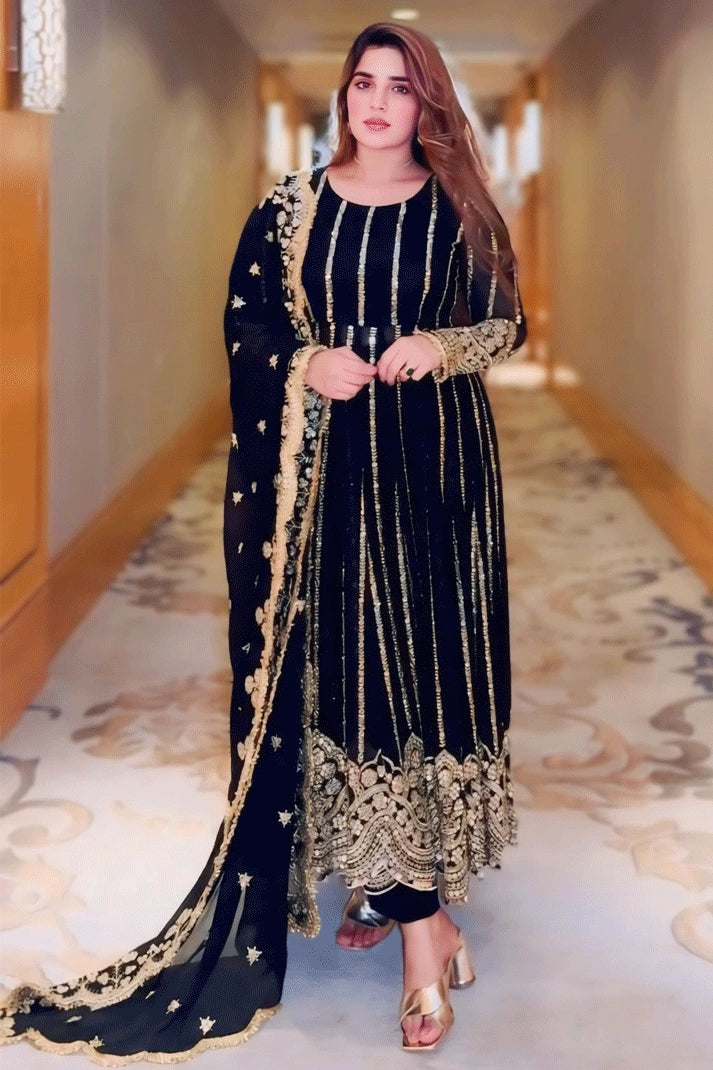 Versatile Women's Fashion Embroidery Work Golden Black Long Gown For Diwali