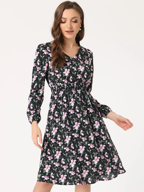 Women's Romantic Outfit Floral Print V-Neck Long Sleeve Smocked Waist Midi Dress