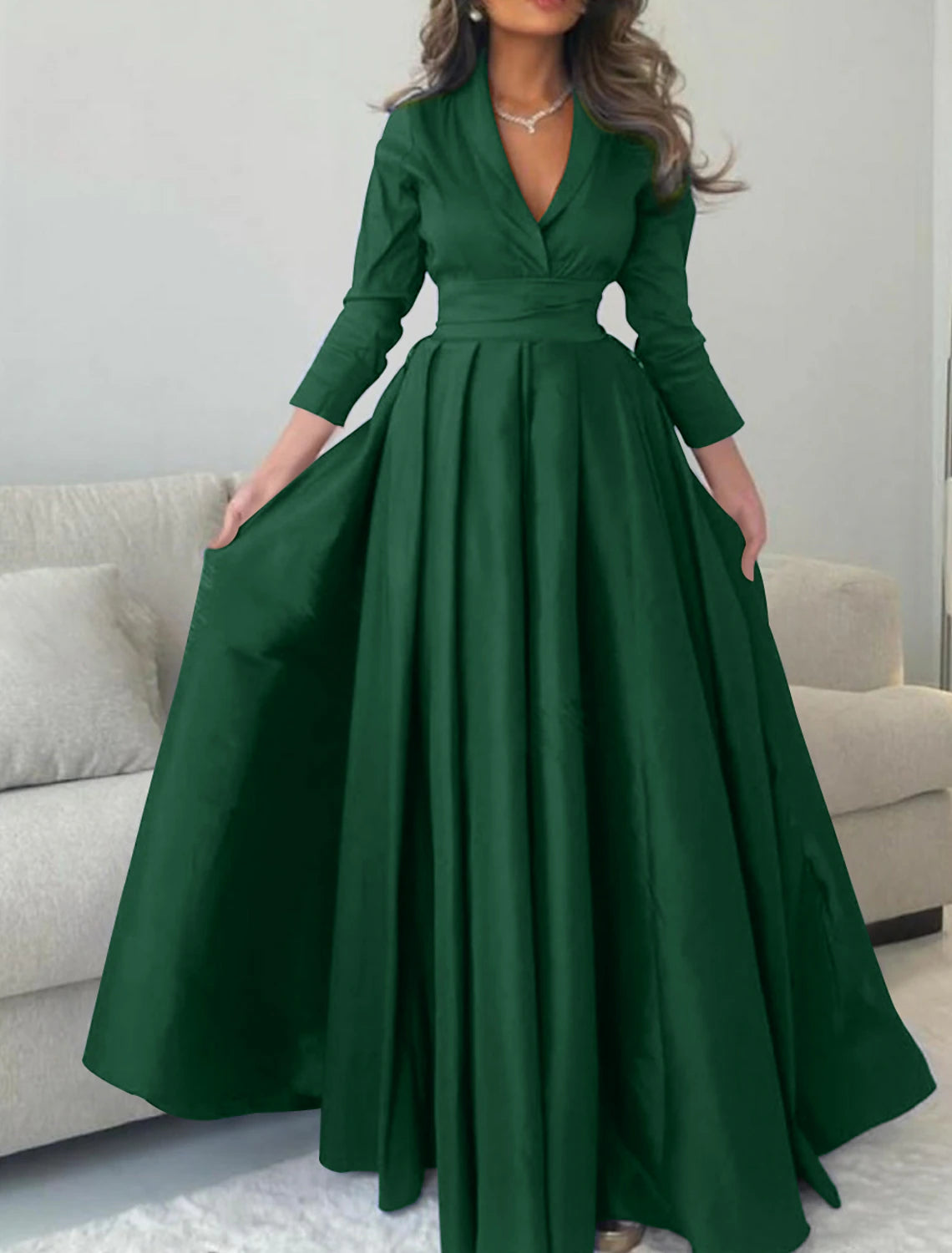 High Street Women's Fashion for Trendy Shoppers Gown Elegant Formal Length Sleeve V Neck with Pleats Evening Dress