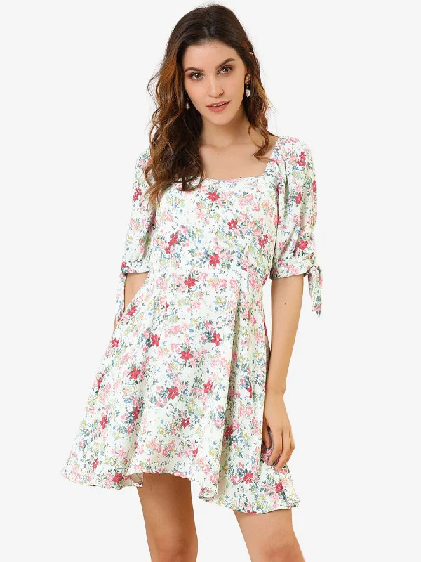 Modern Women's Apparel Floral Printed Sweetheart Neck Puff Sleeve A-Line Mini Dress