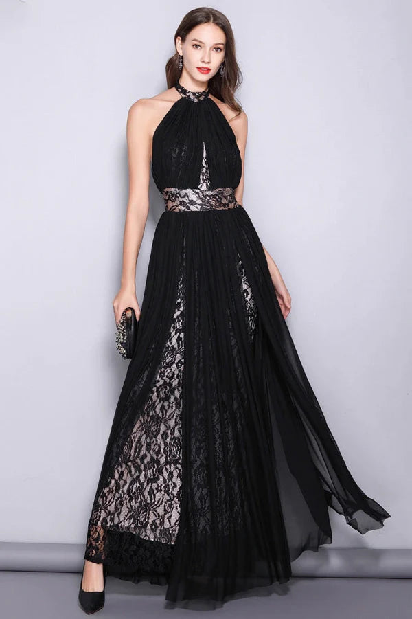 Easygoing Women's Style Black Halter Backless Prom Gown Evening Dress