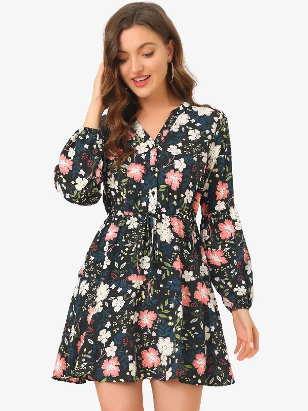 Stylish Clothes For Women Button Front Tie Waist Vintage Long Sleeve Floral Dress