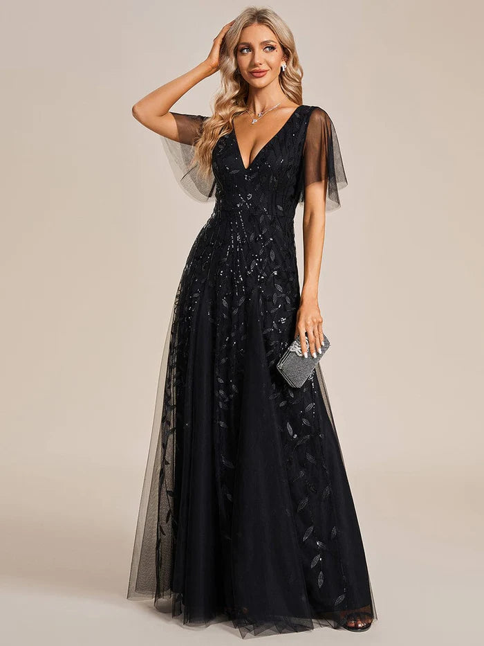 Women's Activewear Attire Romantic Shimmery V Neck Ruffle Sleeves Maxi Long Evening Gowns