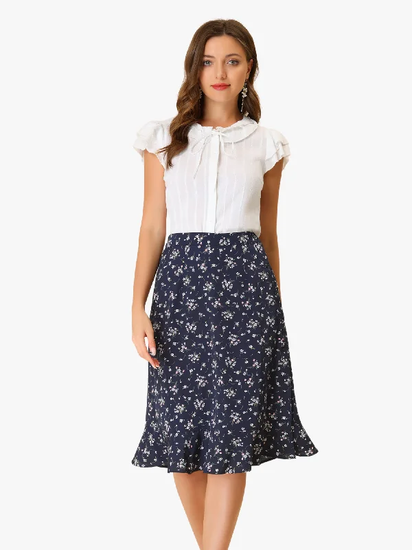 Women's Evening Wear Outfit Floral Ruffle Elastic High Waist Button Flowy Split Midi Skirt