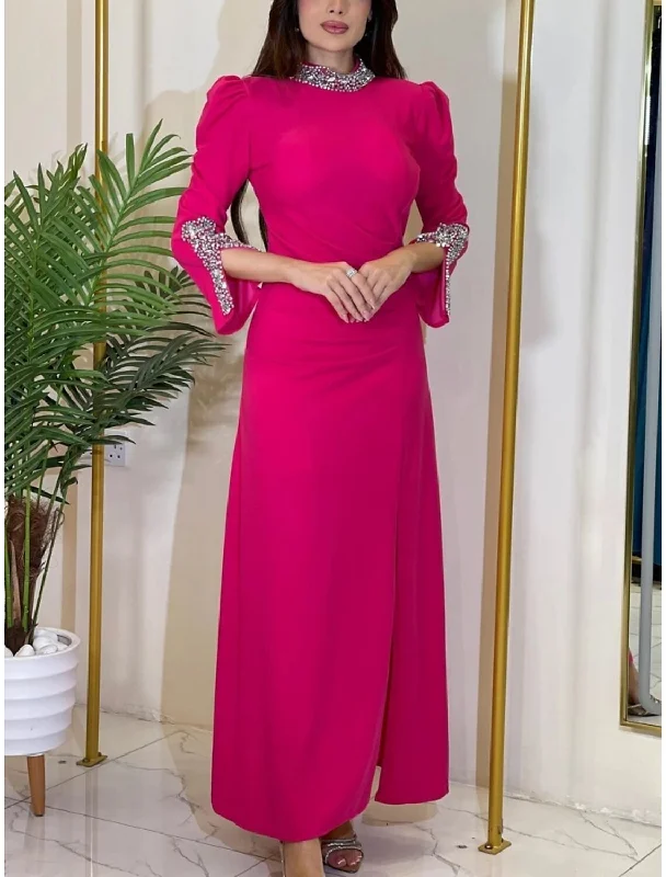 Women's Active Outfit For Fitness Sheath / Column Evening Gown Elegant Dress Formal Ankle Length Christmas Red Green Dress Long Sleeve Jewel Neck Stretch Chiffon with Ruched Crystals Slit