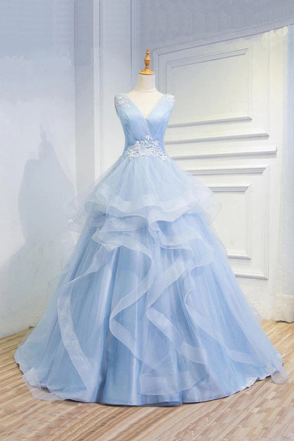 Women's Plus-Size Casual Outfit Sweetheart Blue Organza Ballgown V Neck Ruffles Appliques Prom Dresses