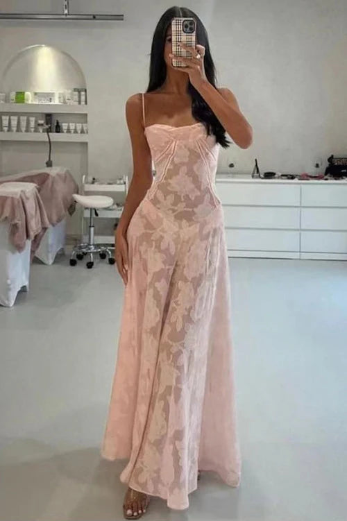 Women's Trendy Outfits Pink Spaghetti Straps A-Line Prom Gown Evening Dress