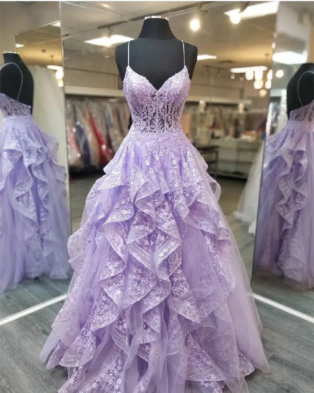 Women's Clothing For Holiday Travel Spaghetti Staps Lilac Prom Dresses Evening Gowns with Sheer Bodice    S1948