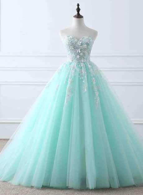 Women's Outdoor Activity Garments Charming Mint Green Tulle Ball Gown Sweet 16 Dress Lace Applique Ballgown Prom Dress