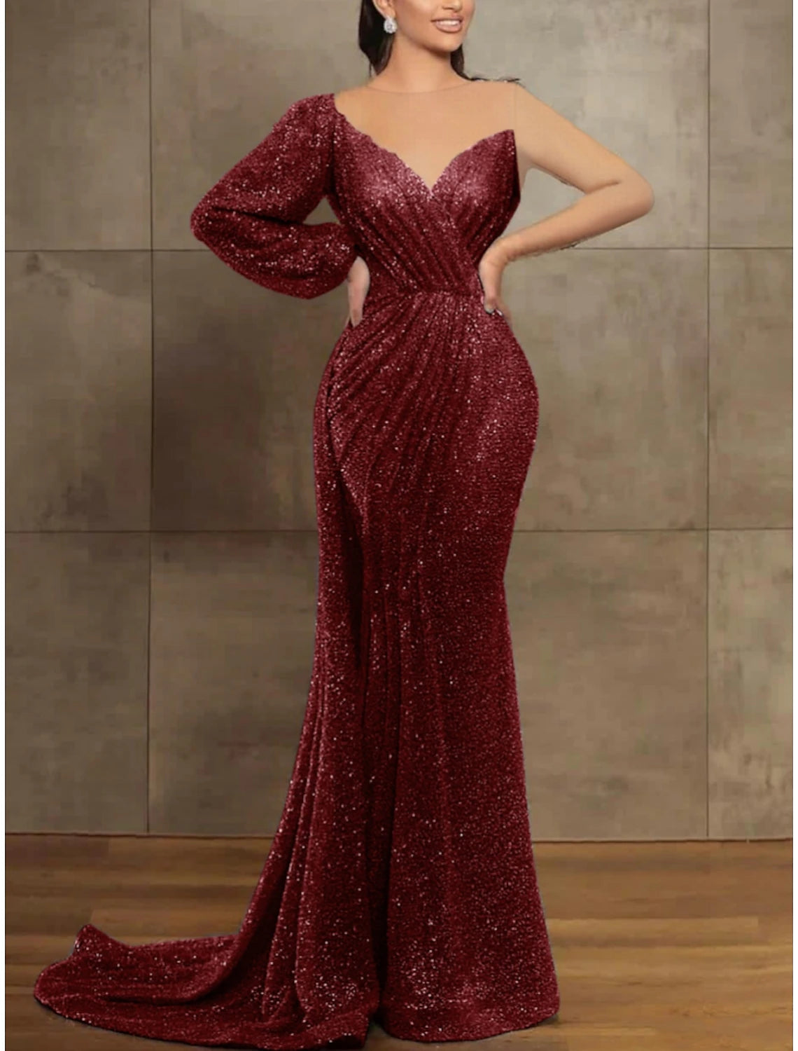 Women's High-Fashion Outfit Mermaid / Trumpet Evening Gown Elegant Christmas Dress Formal Court Train Long Sleeve Illusion Neck Sequined with Pleats Sequin