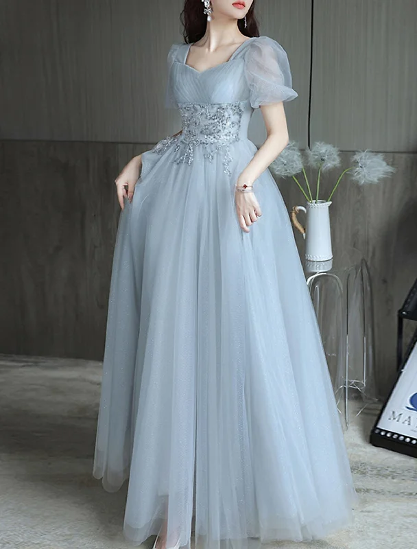 Women's Chic Outerwear Outfit A-Line Evening Gown Sparkle & Shine Dress Party Dress Valentine‘s Day Floor Length Short Sleeve Sweetheart Tulle with Beading Tiered