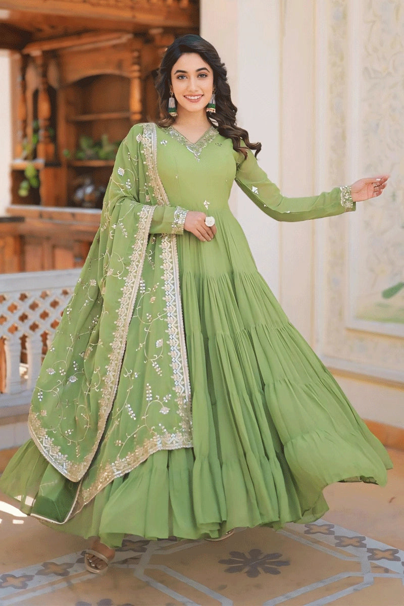 Comfortable Casual Wear 5 Layer Light Green Colour Gown For Diwali Special Outfits