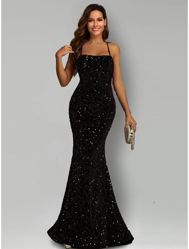 Women's High-Fashion Attire Mermaid / Trumpet Evening Gown Sparkle & Shine Dress Formal Black Tie Sweep / Brush Train Sleeveless Halter Neck Sequined with Sequin