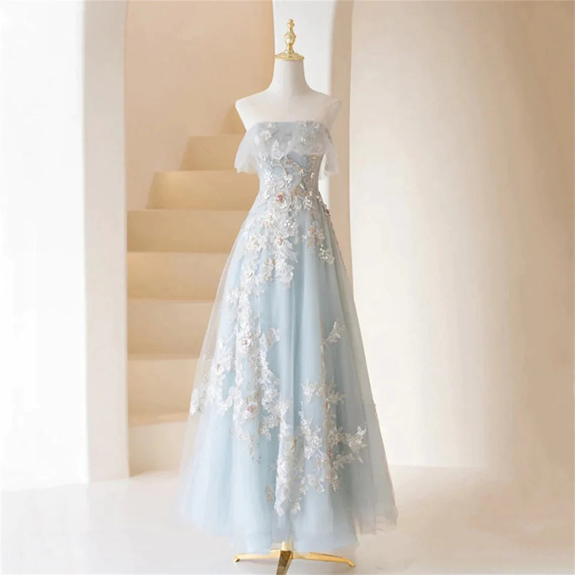 Plus Size Women's Fashion Light Blue Prom Dresses Fairy,Long Blue Tulle Floral Appliques Formal Dresses