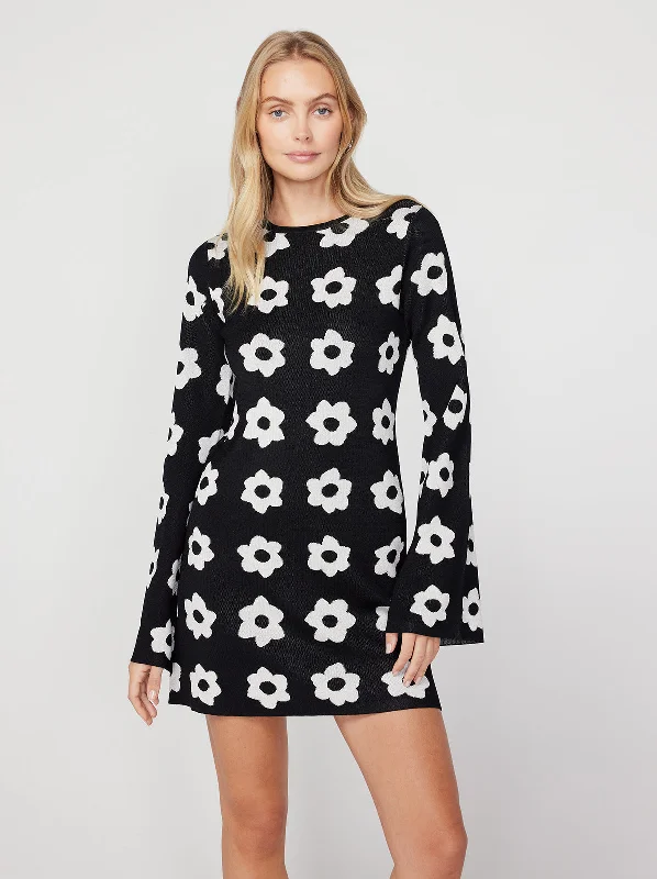 Women's Vacation Clothes Greta Black Tiled Floral Knit Mini Dress