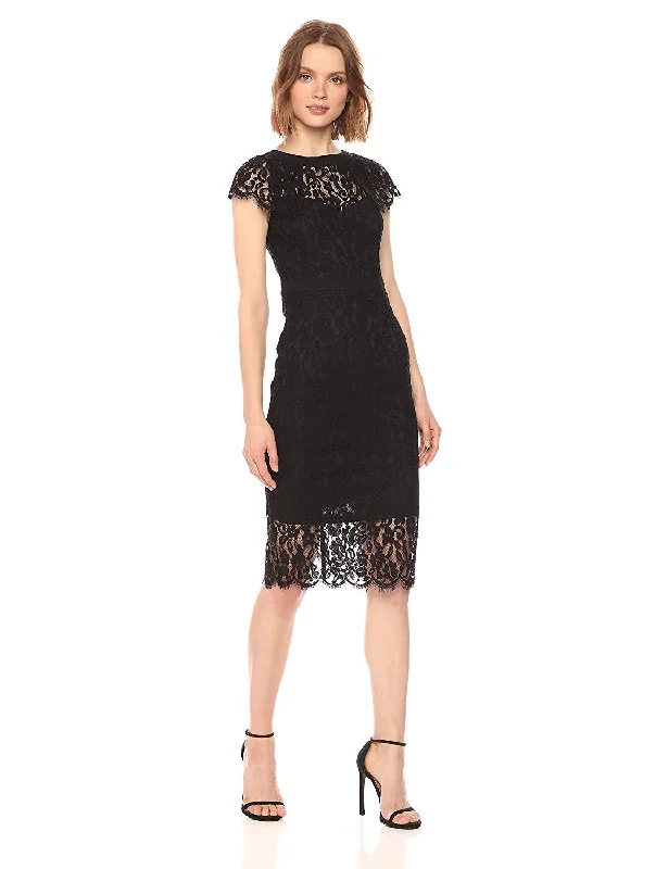 Comfortable Women's Apparel New Yorker's Apparel - Floral Lace Knee Length Fitted Dress 70378ASC