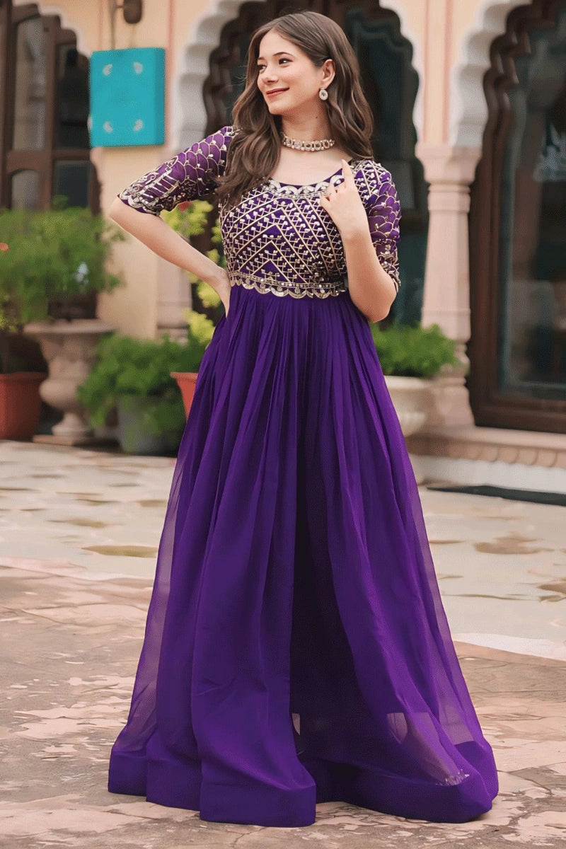 Women's Outfit Embroidery Zari Work In Purple Colour Long Gown For Women