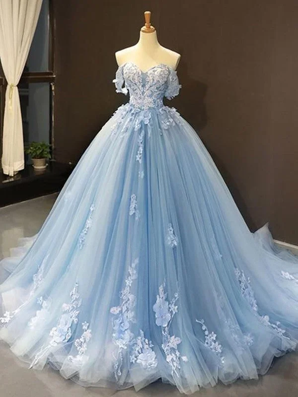 Women's Timeless Attire Ball Gown Tulle Off-the-Shoulder Sleeveless Applique Chapel Train Dresses