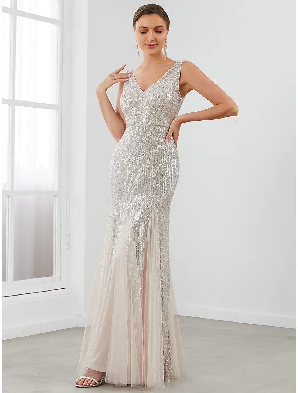 Women's Clothing Mermaid / Trumpet Evening Gown Sparkle & Shine Dress Formal Evening Floor Length Sleeveless V Neck Sequined V Back with Sequin Pure Color