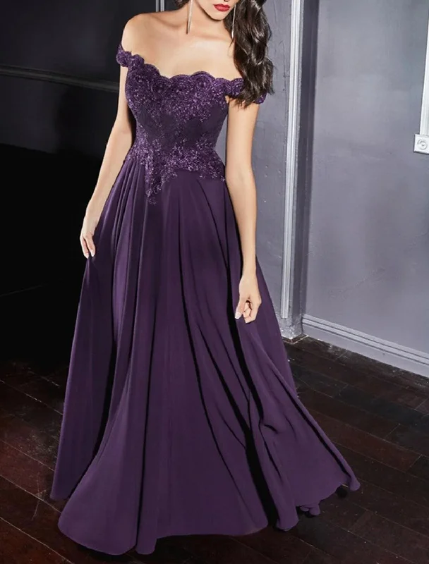 Women's Stylish Casual Garments A-Line Evening Gown Formal Dress Purple Floor Length Sleeveless Off Shoulder Chiffon with Pleats Appliques