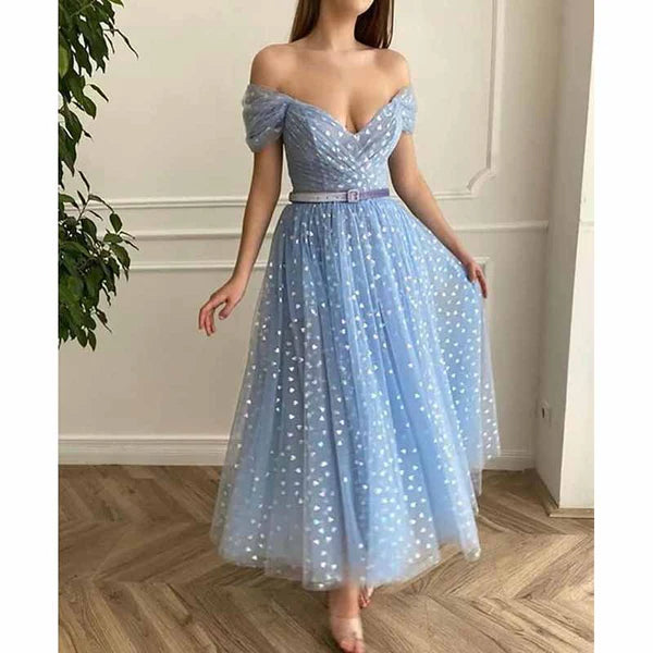 Women's Comfortable Lounge Attire Off Shoulder Tulle Homecomng Dress Tea Length Formal Dress Party Gowns with Belt