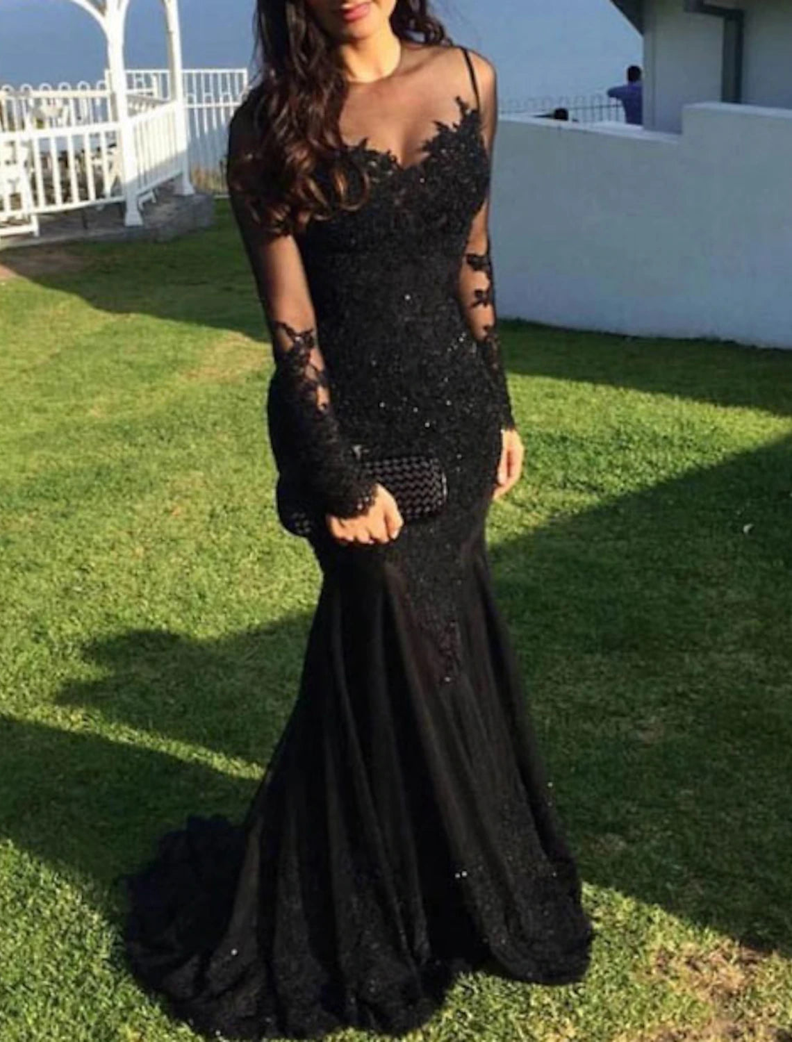 Women's Elegant Evening Attire Mermaid Black Dress Evening Gown Sequin Prom Dress Sparkle Formal Gown Sweep / Brush Train Long Sleeve Illusion Neck Lace with Appliques