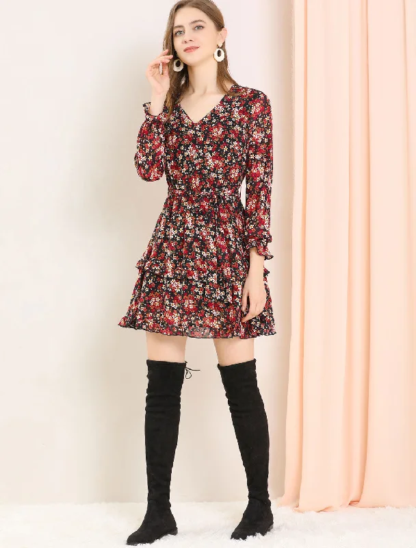 Women's Casual Garments Long Sleeve V Neck Elastic Waist Ruffle Hem Chiffon Floral Dress